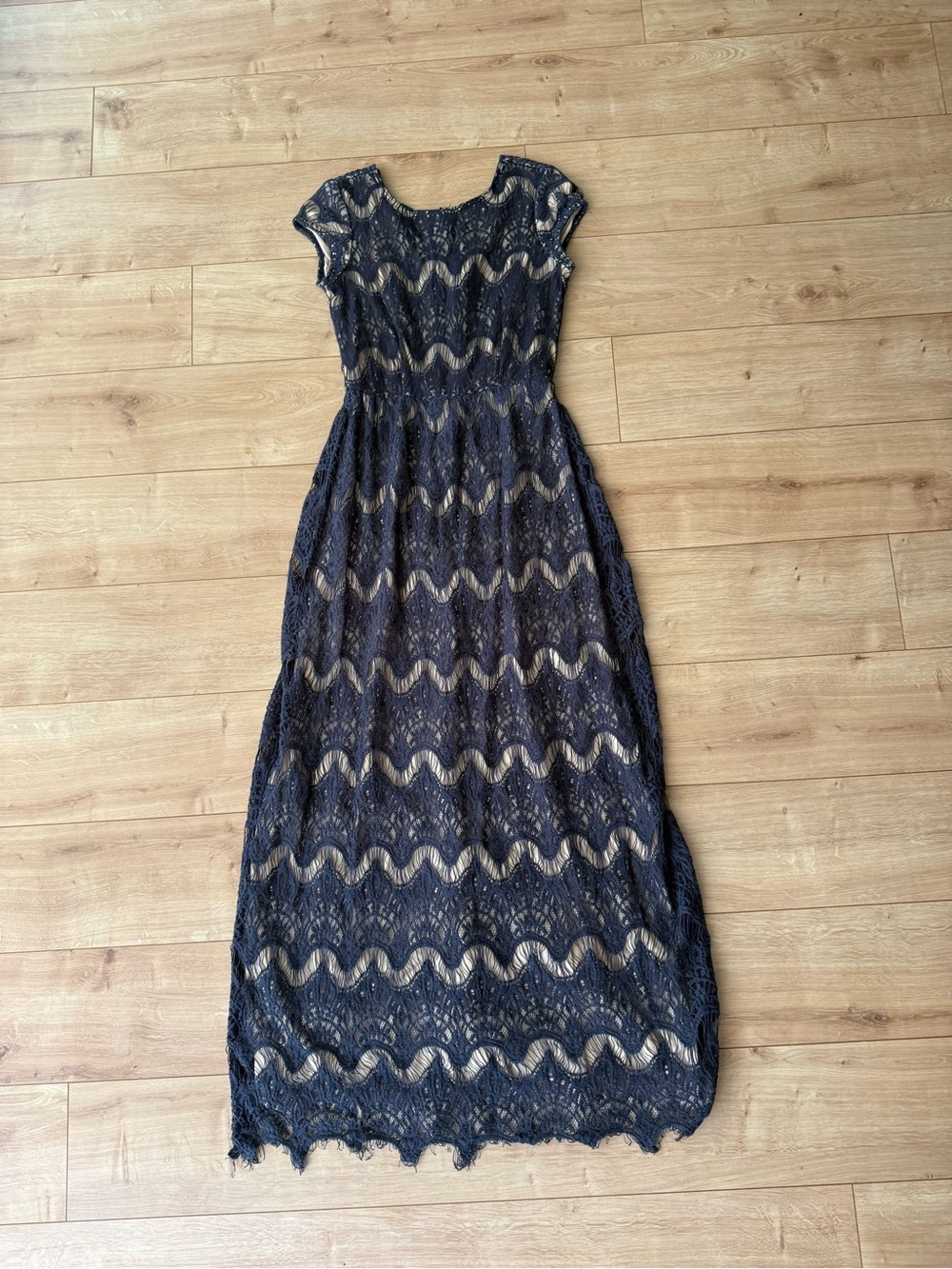 Vintage Jody California Lace Maxi Dress Navy Sheer Overlay USA Small Boho